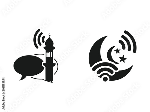 Bild auf Leinwand Islamic technology icons set, mosque minaret with wifi signal and speech bubble,