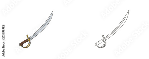 Photos Pirate saber cartoon illustration showing steel curved sword weapon with golden