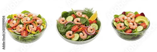 Obraz  z motywem Set and collection of fresh organic seafood salad bowl with shrimp prawns and vegetables isolated on white transparent png background