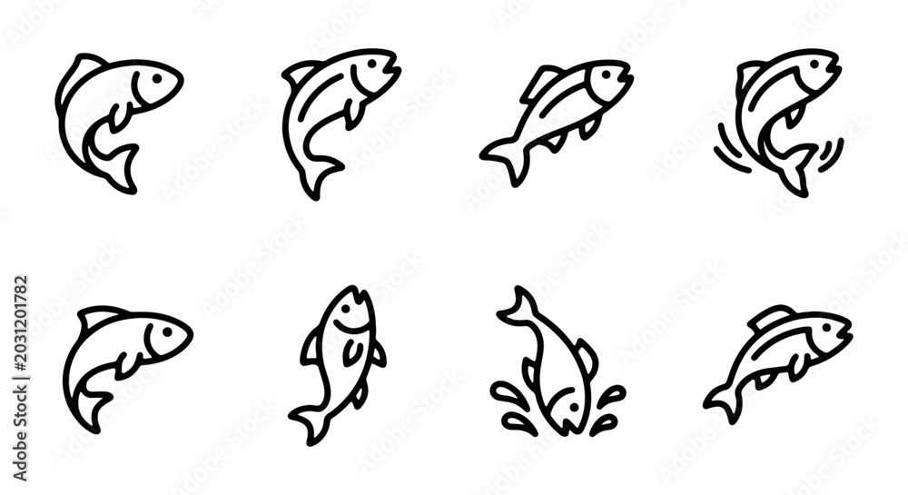 Fototapeta premium Fish Icons Set, Jumping Aquatic Animal Vector Graphics, Simple Outline Marine Life