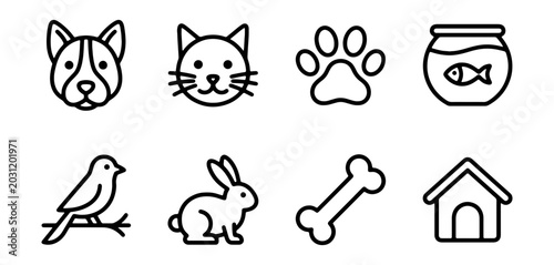 Photos Pet Icons Set: Dog, Cat, Bird, Rabbit, Paw, Bone, Fish Bowl, Dog House
