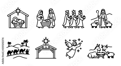 Bild auf Leinwand Nativity Scene Icons, Christmas Story Vector Graphics, Religious Holiday Symbols