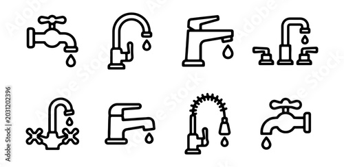 Plumbing Faucet Icons: Water Tap Collection, Drips, and Fixtures for Home and Industry