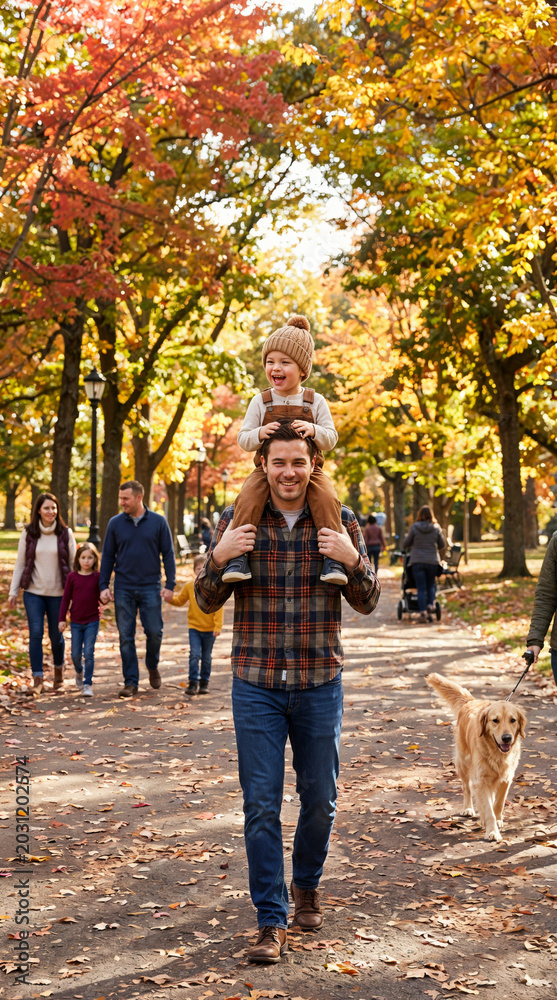 Fototapeta premium Happy father giving shoulder ride to little son walking in autumn park
