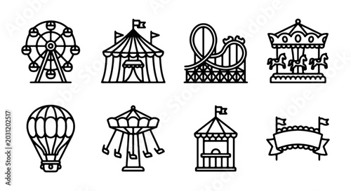 Amusement Park Icons Set: Ferris Wheel, Roller Coaster, Carousel, Hot Air Balloon, Carnival Rides, Vector Graphics
