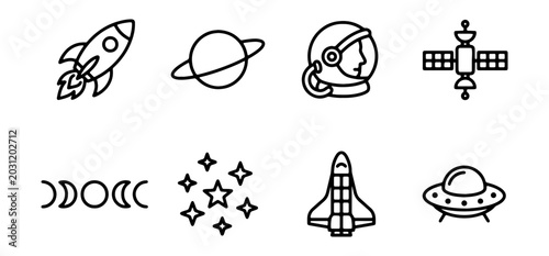 Space Icons Set: Rocket, Planet, Astronaut, UFO, Shuttle, Stars