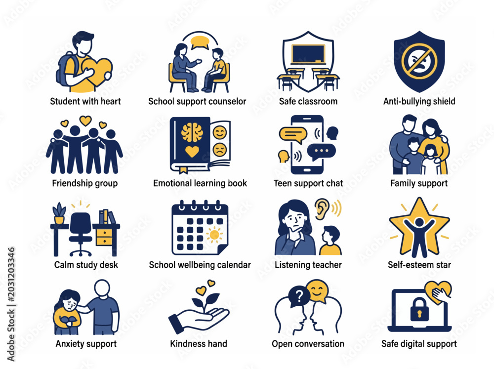 Fototapeta premium Set of icons representing mental health and well-being support services and concepts vector illustration