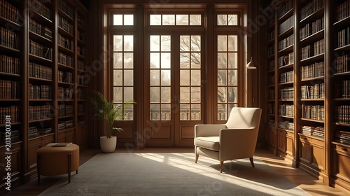 Warm daylight streaming through tall paneled windows into a refined private home library, featuring floor-to-ceiling bookshelves, a plush armchair, soft neutral tones, and a serene uncluttered layout 