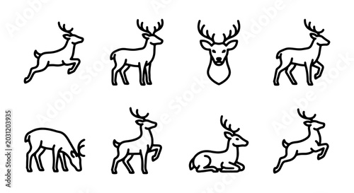 Obraz na plátně Deer Icons Set, Wildlife Animal Vector Graphics, Forest Creature Line Art Collec