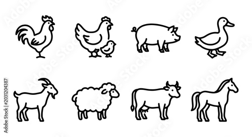 Schilderij op canvas Farm Animal Icons Set, Livestock Vector Graphics, Cute Barnyard Creatures Collec