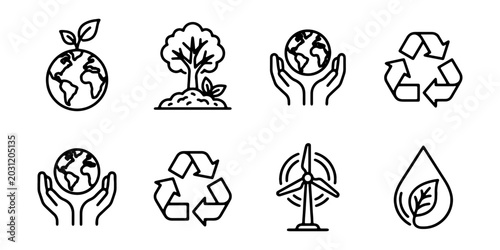 Foto Eco Icons Set: Earth, Tree, Recycle, Wind Turbine, Water Drop