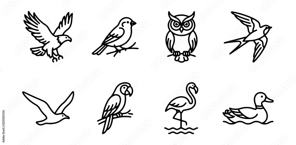 Fototapeta premium Minimalist Bird Icons Set: Eagle, Owl, Flamingo, Duck, Swallow