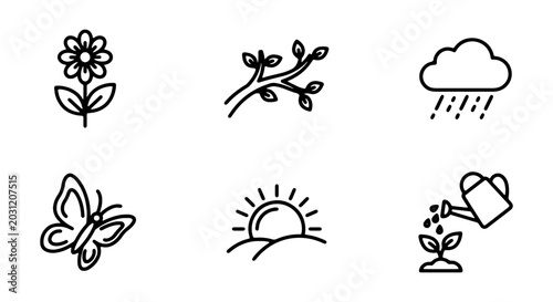 Fotografía Spring Icons Set: Flower, Branch, Rain Cloud, Butterfly, Sunrise, Watering Can