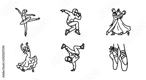 Tableau sur toile Dance Styles Vector Icons: Ballet, Hip Hop, Ballroom, Breakdance, Pointe Shoes