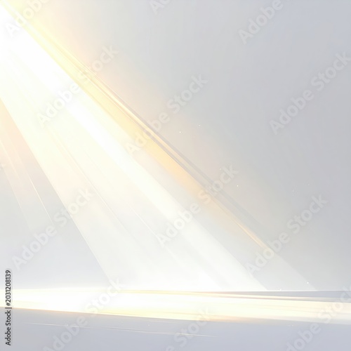 Bright light rays stream down, illuminating a clean, empty space with soft glows