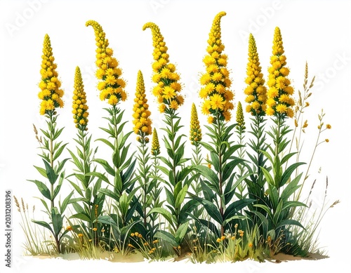 Tall, vibrant yellow wildflower spires with lush green foliage against white