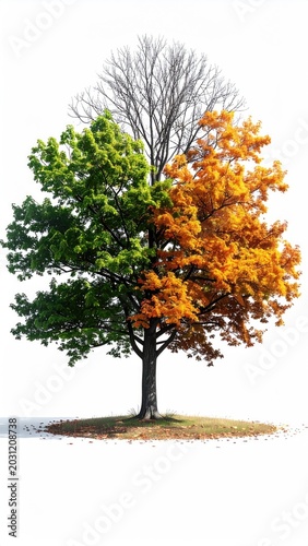 A single tree displays all four seasons simultaneously on its branches