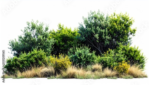 A lush, diverse green shrubbery with flowering yellow plants and dry grasses