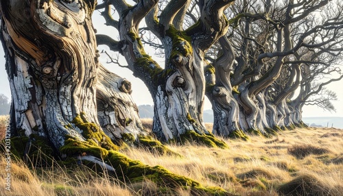Gnarled, ancient trees lined up, mossy, with dry grass