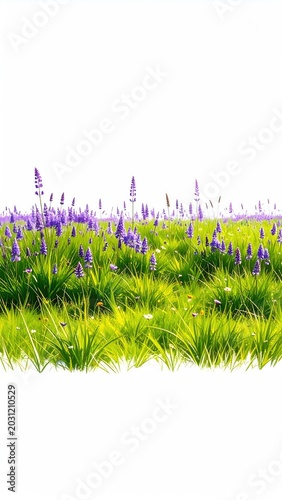 Lush green meadow with vibrant purple wildflowers and a bright white sky