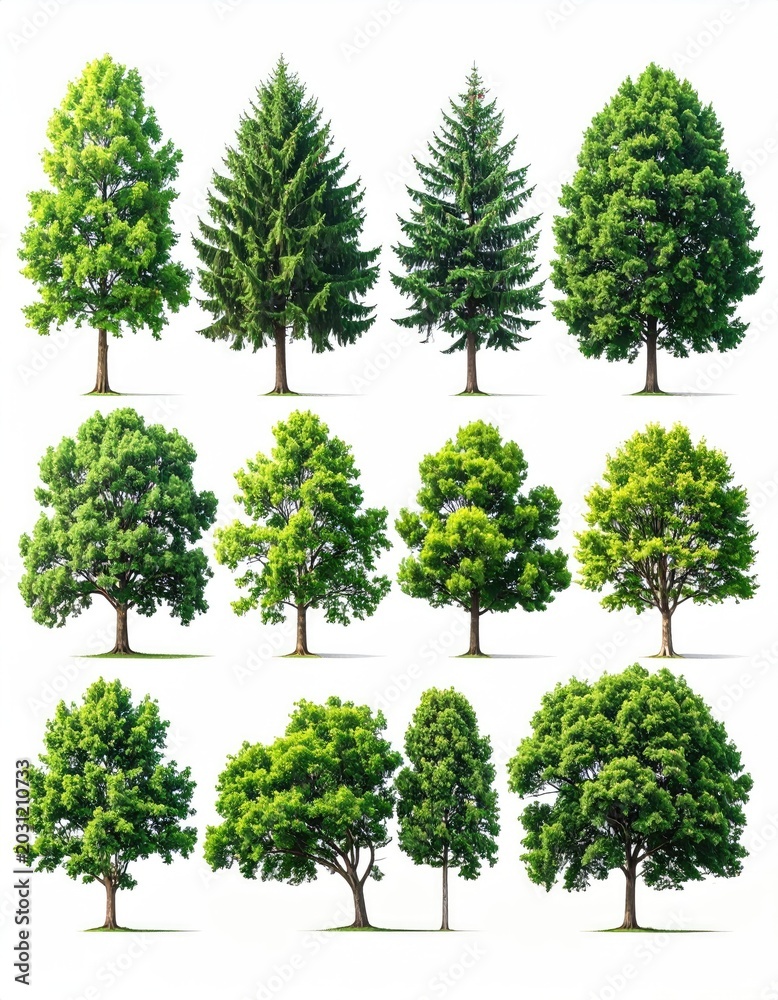 Fototapeta premium Collection of diverse deciduous and coniferous trees, various shapes and sizes
