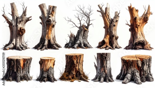 Collection of weathered, gnarled, and decaying tree stumps and trunks