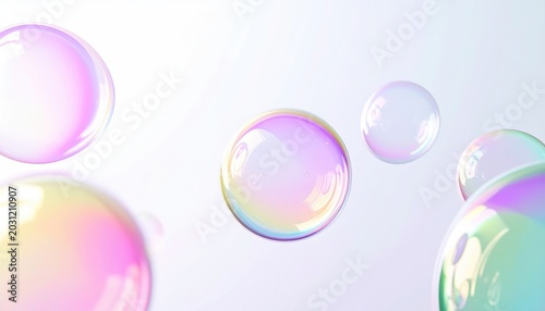 Iridescent spheres reflect soft pastel colors, floating in a light background