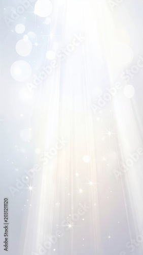 Soft, ethereal light beams descend through a shimmering, bokeh-filled atmosphere