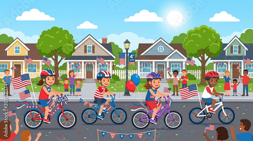 Happy Fourth of July Parade with Kids Riding Bicycles Decorated with American Flags and Banners
