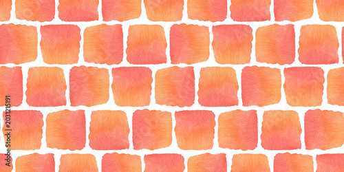 Abstract watercolor seamless pattern with orange red gradient square brick shapes. Vibrant plaid check watercolour print for textile, wrapping paper, love cover, romance Valentine surface design
