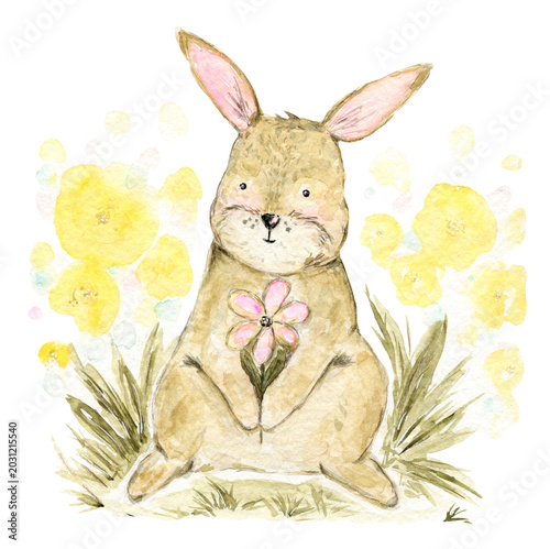 Cute lovely spring watercolor painting brown baby rabbit with pink flower in meadow grass. Watercolour little hare illustration for Easter greeting cards, baby shower poster, sticker