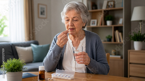 Senior woman taking daily medication at home