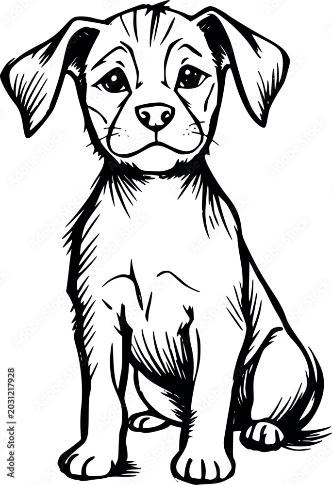 Fototapeta premium Cute puppy sitting illustration hand drawn black ink sketch portrait of young dog isolated on gray checkerboard background art.