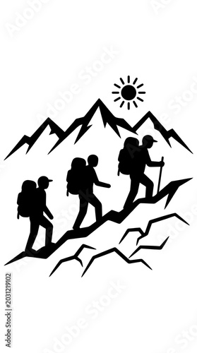 Hikers climbing mountain range at sunrise nobody