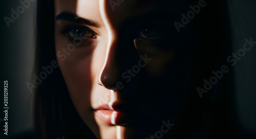 Close up portrait of a young woman with a sharp beam of light cutting across her face creating a dramatic and mysterious aesthetic in this photo