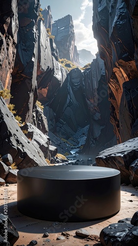 Dark cylindrical platform in a dramatic, rocky canyon with distant mountains