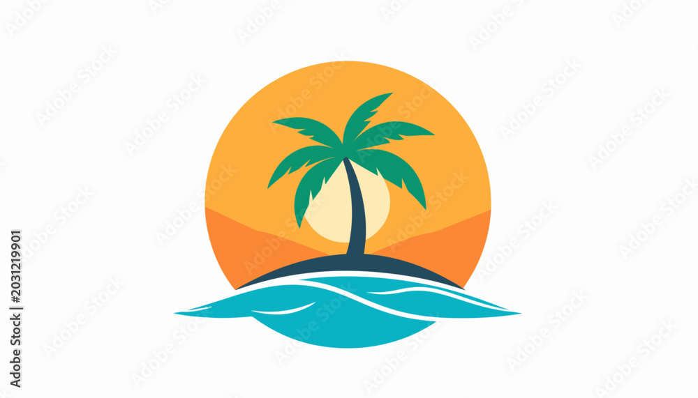 Obraz premium Tropical palm tree on island with blue ocean waves.