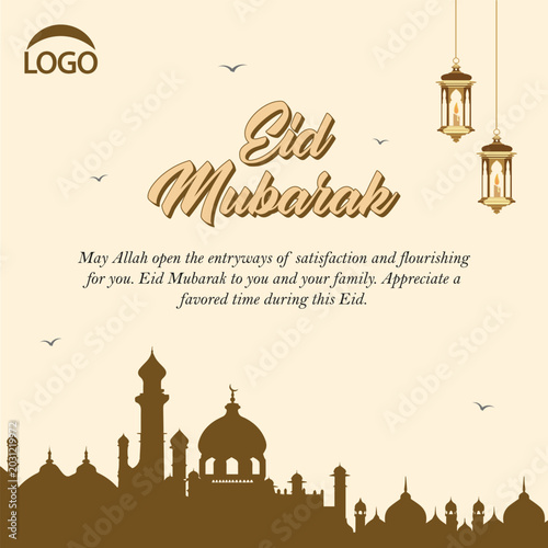 Minimal Eid Mubarak Poster Design with Lanterns and Mosque Background