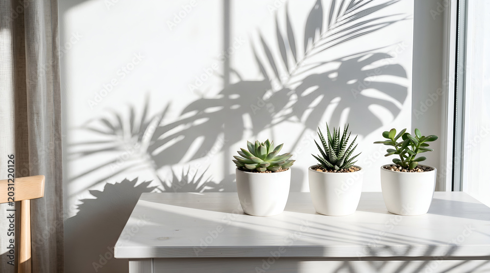 Fototapeta premium Succulent Plants on White Table with Leaf Shadows