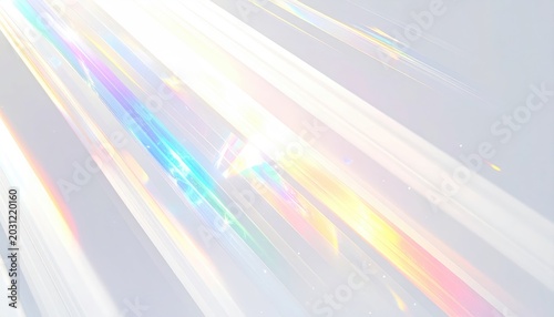 Diagonal beams of light with iridescent and prismatic effects on a pale background