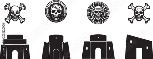 Schilderij op canvas Vintage Pirate Skull and Minimalist Fortress Gate Icon Set - Hand Drawn Jolly Ro