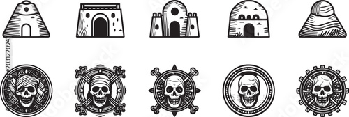 Foto Vintage Pirate Skull and Ancient Fortress Icon Set - Hand Drawn Jolly Roger Meda