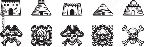 Foto Vintage Pirate Skull and Ancient Fortress Icon Set - Hand Drawn Jolly Roger Cros