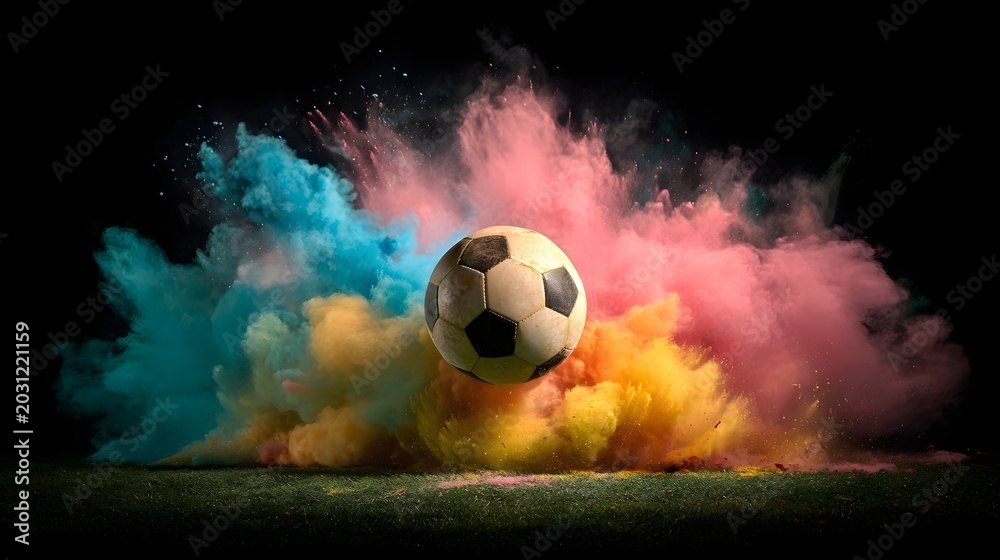 Fototapeta premium Football Explosion: A soccer ball bursts through a cloud of vibrant colored powder, creating a dramatic and energetic visual spectacle against a dark background.
