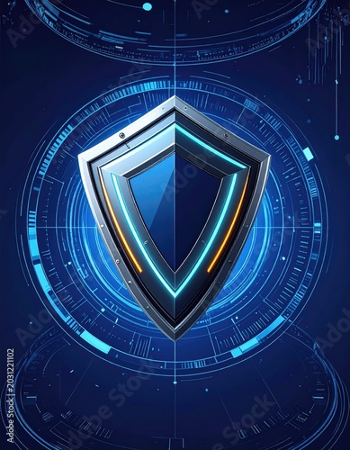 A metallic shield with glowing blue and orange lines on a digital background