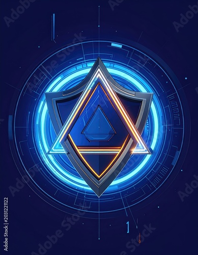 Abstract blue and orange geometric emblem with glowing technological circuits