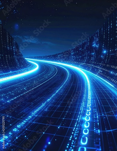 A glowing blue digital highway stretches through a dark, starry cyberspace