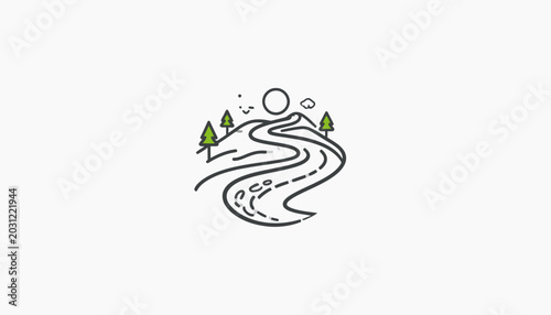 Minimalist line art winding road and sun landscape icon.
