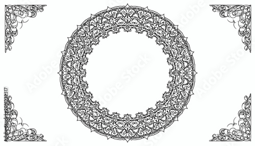 Ornate circular frame with decorative filigree and corner designs.