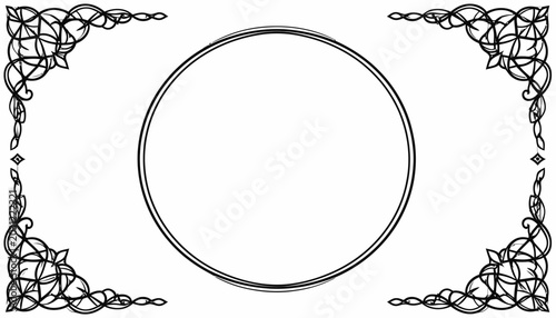 Ornate circular frame with vintage filigree corner decorations.